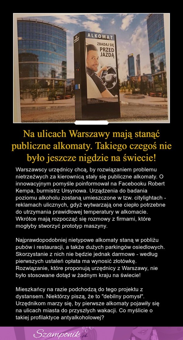Na ulicach Warszawy mają stanąć publiczne alkomaty! Dobry pomysł?