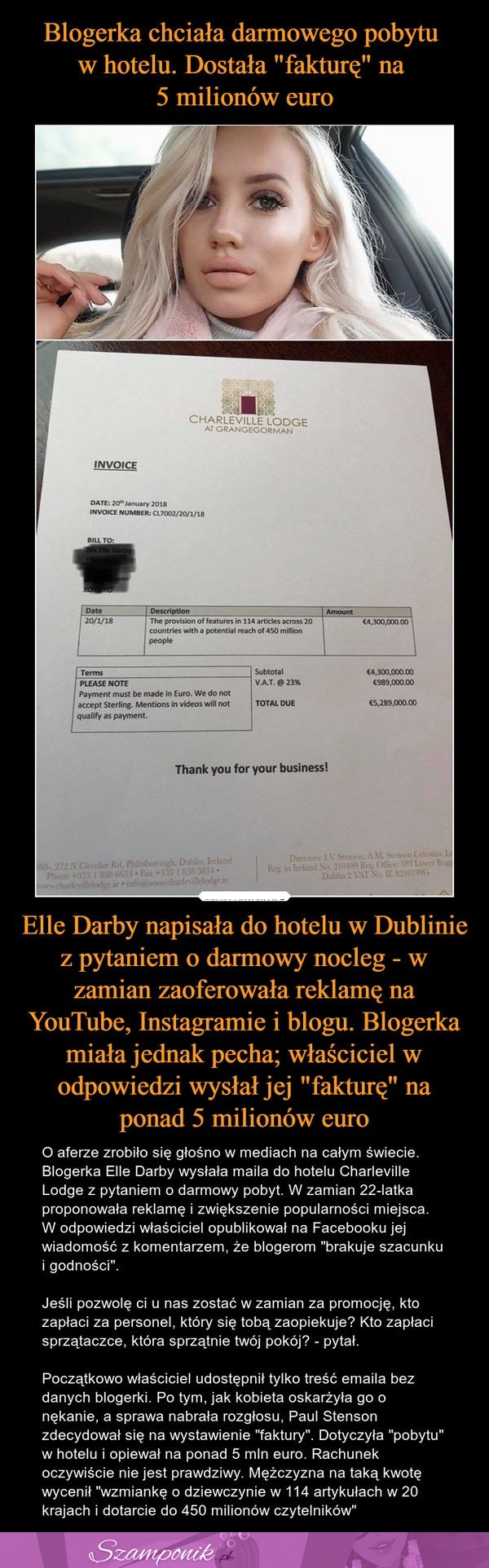 Blogerka chciała darmowego pobytu w hotelu. Dostała "fakturę" na 5 milionów euro!