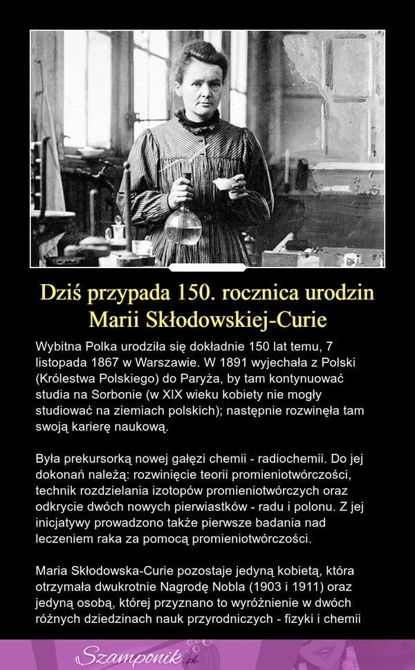 Dziś przypada 150. rocznica urodzin Marii Skłodowskiej-Curie