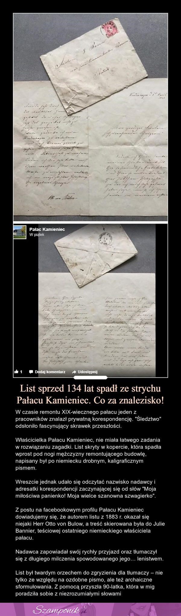 List sprzed 134 lat spadł ze strychu Pałacu Kamieniec. Co za znalezisko!