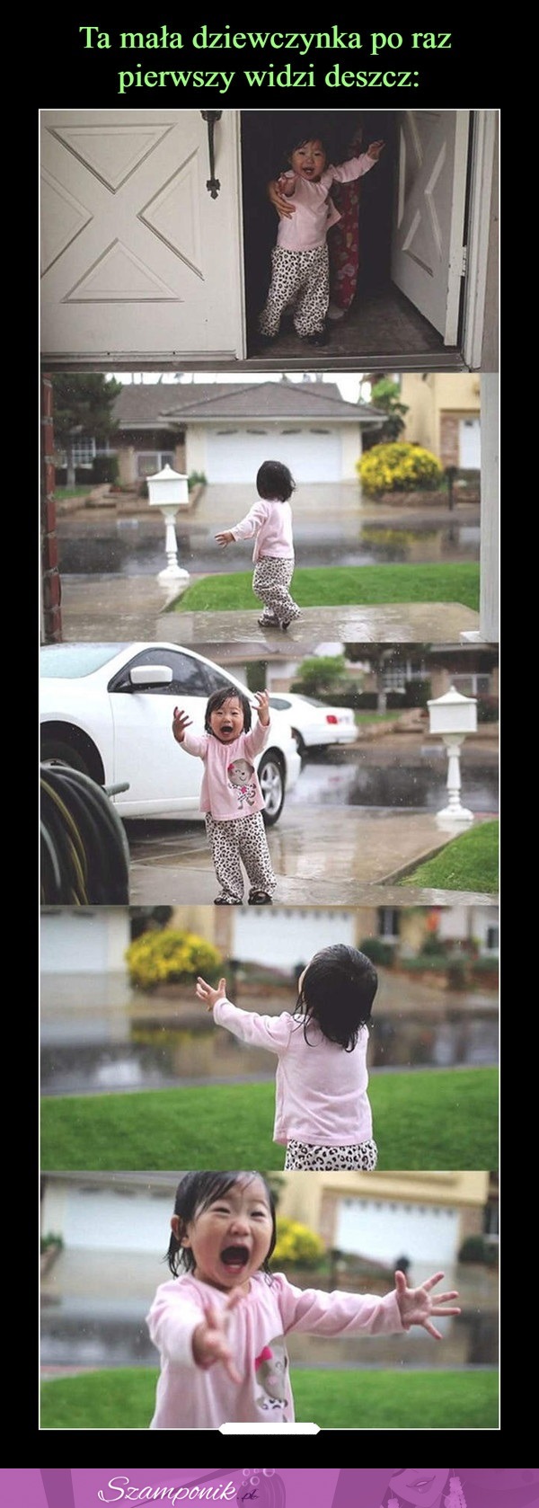 Ta mała dziewczynka po raz pierwszy widzi deszcz!