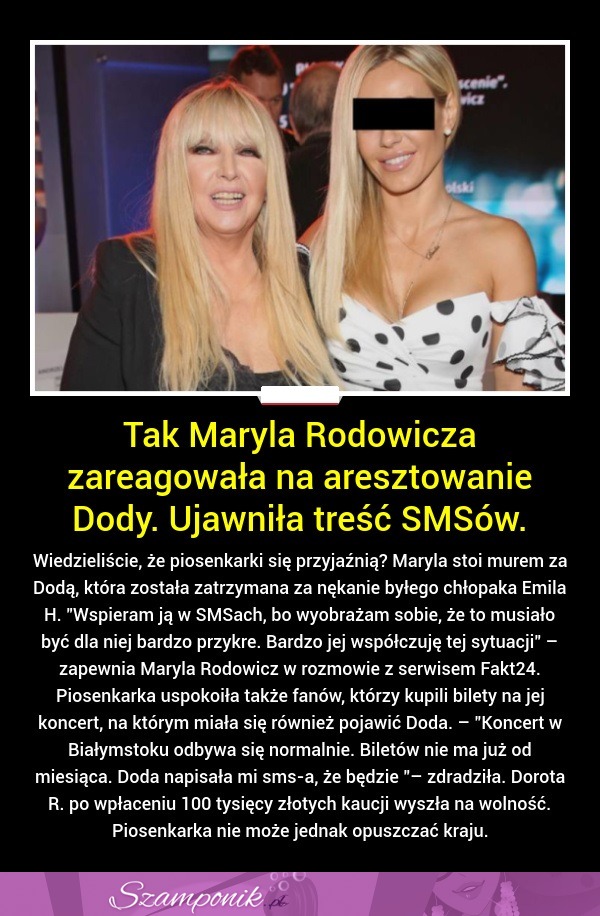 Tak Maryla Rodowicz zareagowała na aresztowanie Dody. Ujawnia treść SMSów