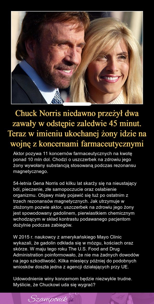 Chuck Norris niedawno przeżył dwa zawały w odstępie zaledwie 45 min. Teraz idzie na wojnę z koncernami farmaceutycznymi...