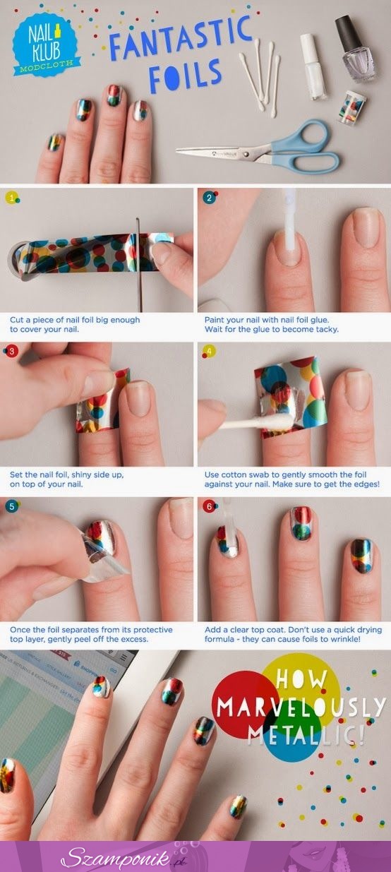 Kolorowe paznokcie przy użyciu folii do paznokci. Świetny pomysł!