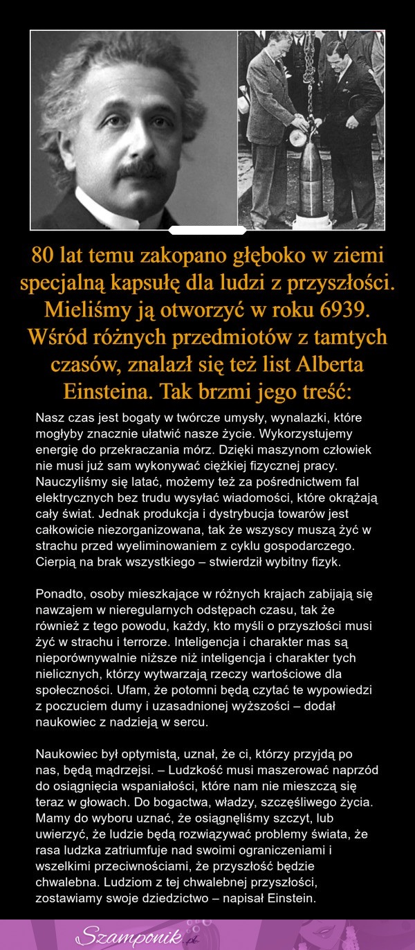 80 lat temu zakopano specjalną kapsułę dla ludzi z przyszłości. Wśród różnych przedmiotów znalazł się list Alberta Einsteina