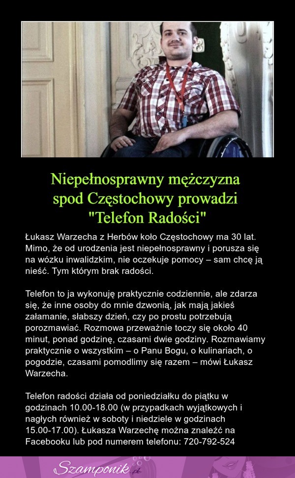 Niepełnosprawny mężczyzna spod Częstochowy prowadzi 'Telefon Radości'...