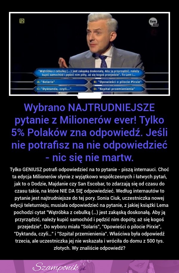 Wybrano NAJTRUDNIEJSZE pytanie z Milionerów EVER! Tylko 5% Polaków zna odpowiedź.