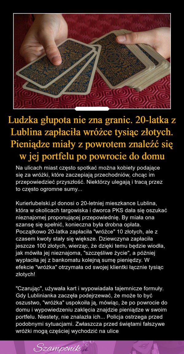 20-latka z Lublina zapłaciła wróżce tysiąc złotych... Ludzka głupota nie zna granic.