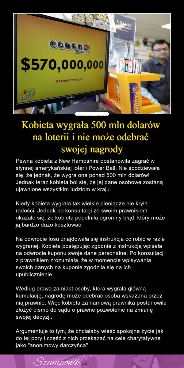 Kobieta wygrała 500 mln dolarów na loterii i nie może odebrać swojej nagrody