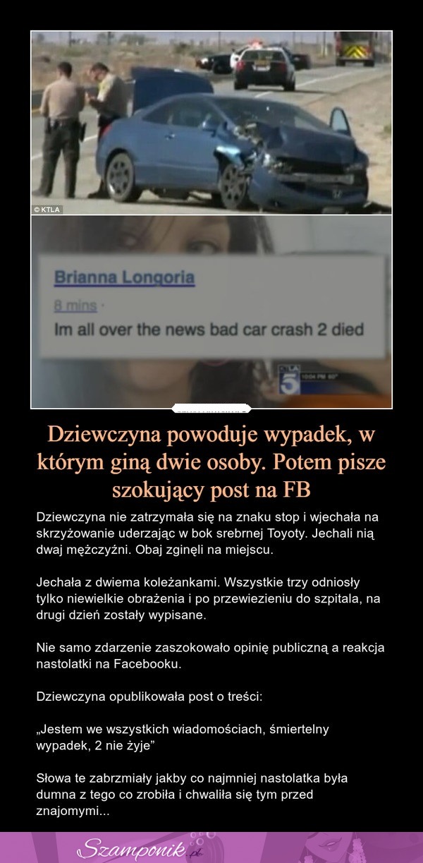 Dziewczyna powoduje wypadek, w którym giną 2 osoby. Potem pisze szokujący post na Fb!