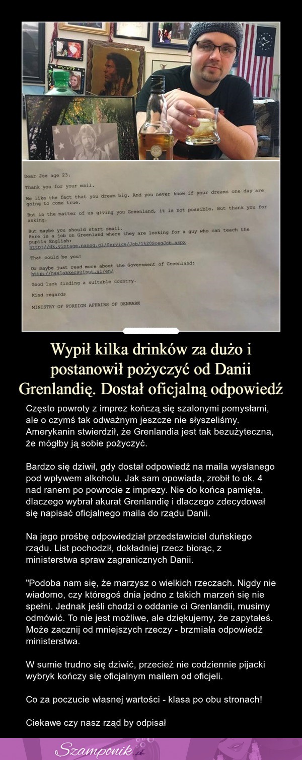 Wypił kilka drinków za dużo i postanowił pożyczyć od Danii Grenlandię. Dostał odpowiedź!