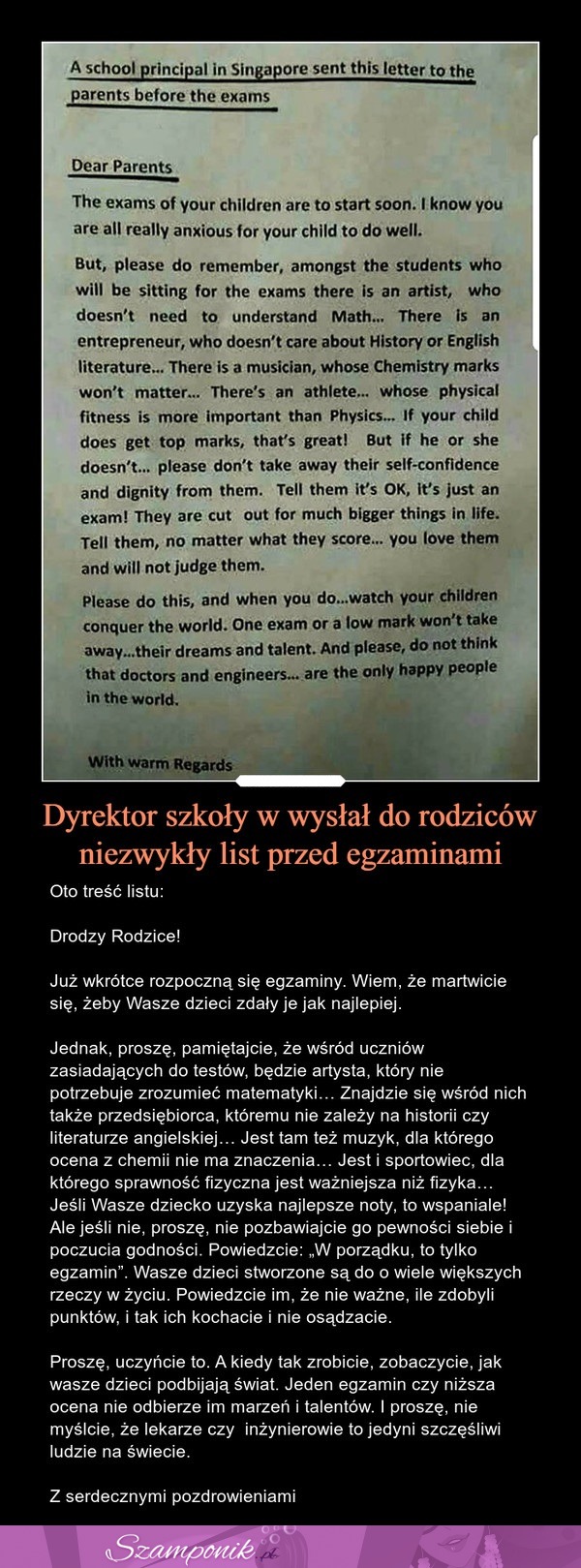 Dyrektor szkoły przed egzaminami wysłał do rodziców niezwykły list!