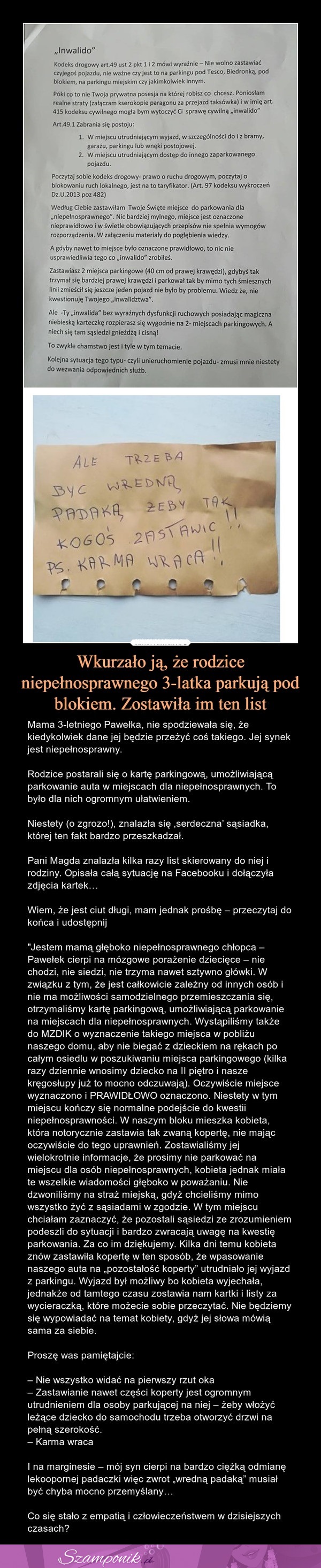 Wkurzało ją, że rodzice niepełnosprawnego 3-latka parkują pod blokiem. Zostawiła im ten list...