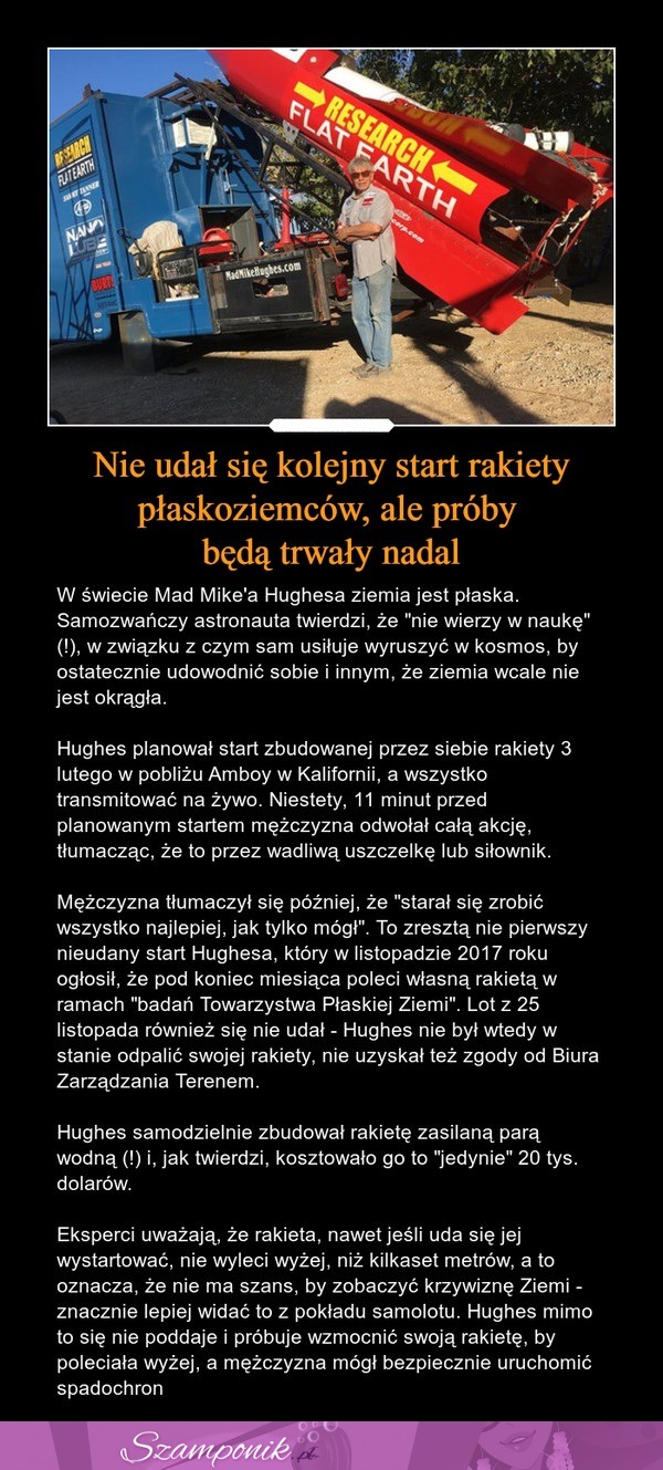 Nie udał się kolejny start rakiety płaskoziemców, ale próby będą trwały nadal!