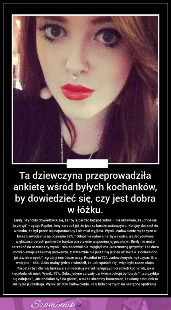 Ta dziewczyna przeprowadziła ankietę wśród byłych kochanków, by dowiedzieć się, czy jest dobra w łóżku