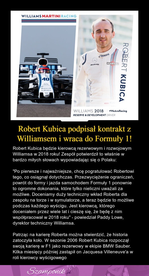 Robert Kubica podpisał kontrakt z Williamsem i wraca do Formuły 1!