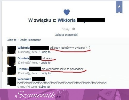 Czasami lepiej nie śpieszyc się ze zmianą STATUSU na facebooku... Zobacz co mu napisała jego nowa dziewczyna ;)