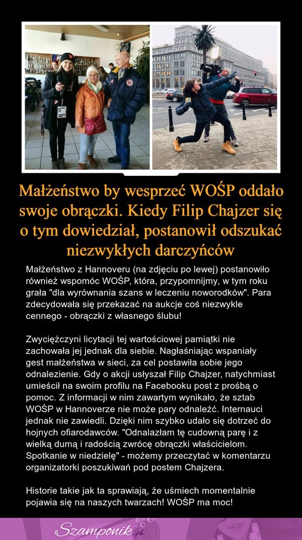 To małżeństwo, by wesprzeć WOŚP oddało swoje obrączki! Filip Chajzer postanowił ich odnaleźć...