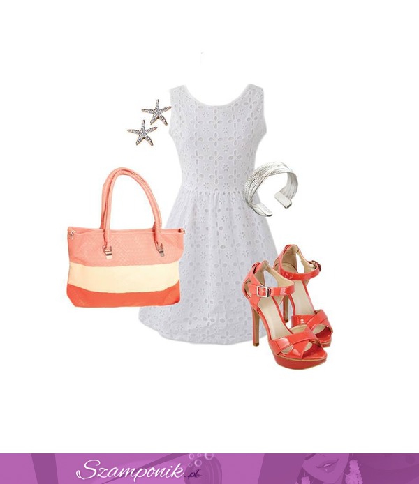 Biała sukieneczka i pomarańczowe dodatki