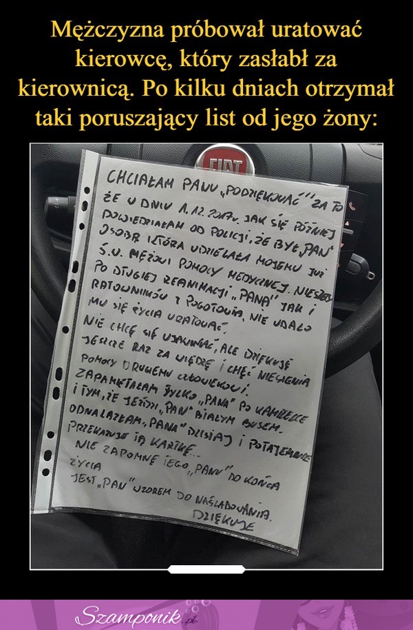 Mężczyzna próbował uratować kierowcę, który zasłabł za kierownicą. Po kilku dniach otrzymał taki list od jego żony...