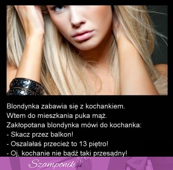 Blondynka zabawia się z kochankiem. Nagle wchodzi mąż...