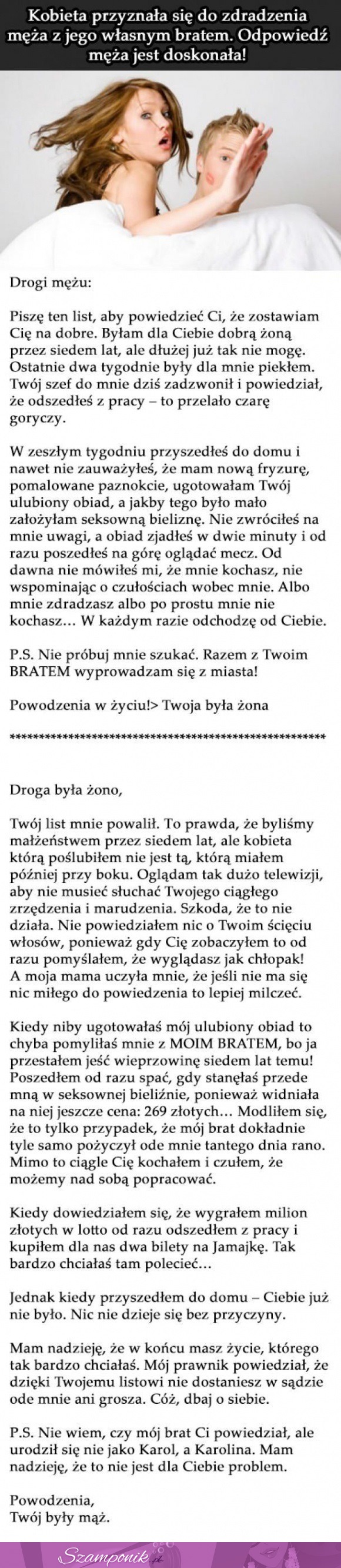 Kobieta  przyznała się do zdradzenia męża z jego własnym bratem. Odpowiedź męża jest doskonała!