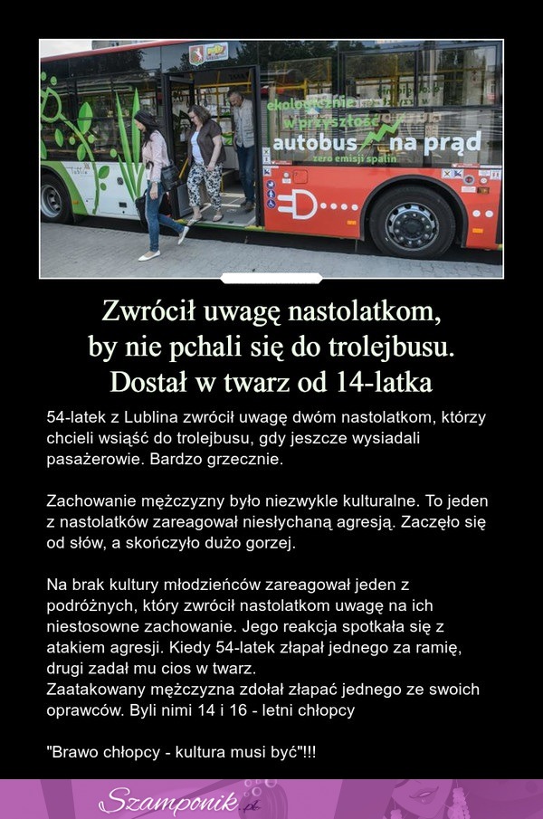 Zwrócił uwagę nastolatkom, by nie pchali się do trolejbusu. Dostał w twarz od 14-latka.