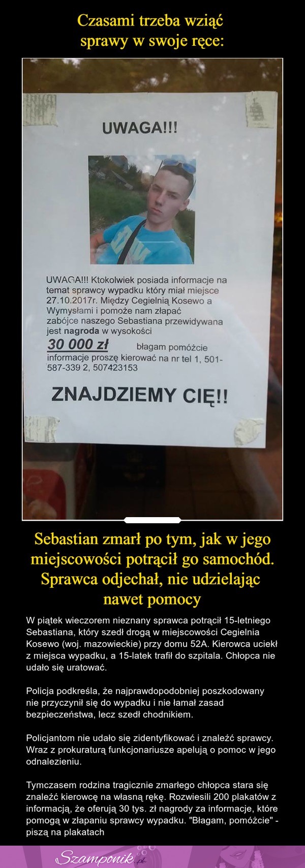 Sebastiana potrącił samochód. Sprawca odjechał, nie udzielając mu pomocy...