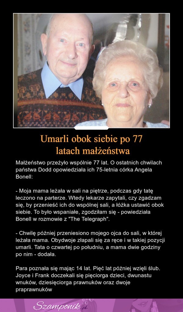 Umarli obok siebie po 77 latach małżeństwa...