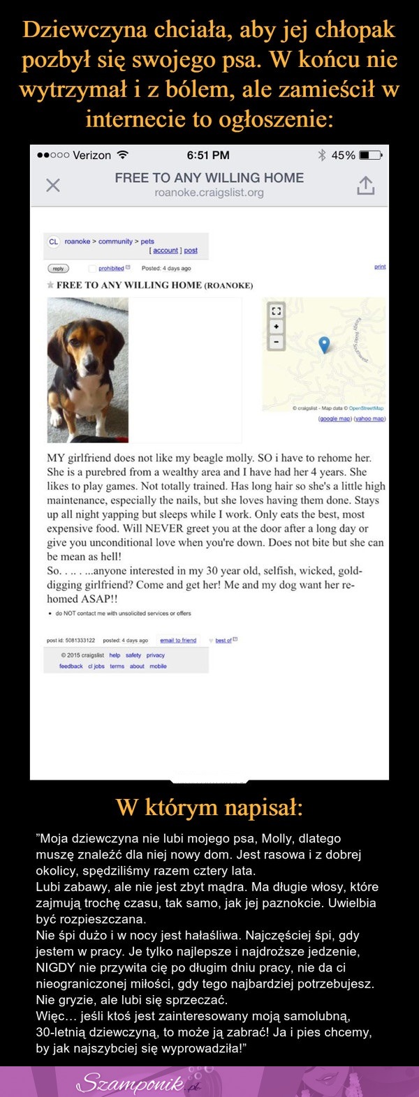 Dziewczyna chciała, aby jej chłopak pozbył się swojego psa. Po tym zamieścił w internecie takie ogłoszenie...