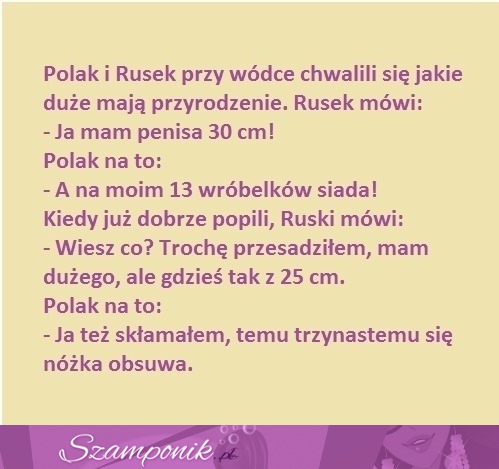 Polak i rusek przy wódce chwali się jakie maja przyrodzenie :D