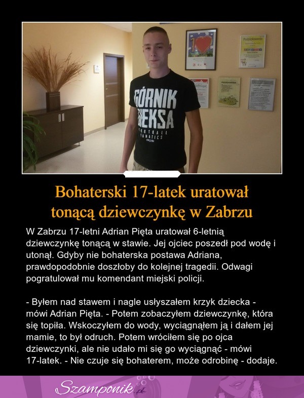 Bohaterski 17-latek uratował tonącą dziewczynkę w Zabrzu