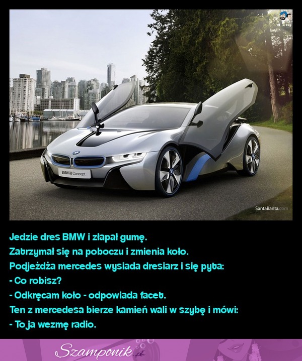 Jedzie dres BMW i złapał gumę.  Zatrzymał się na poboczu i zmienia koło, na to drugi... Hahaha :D