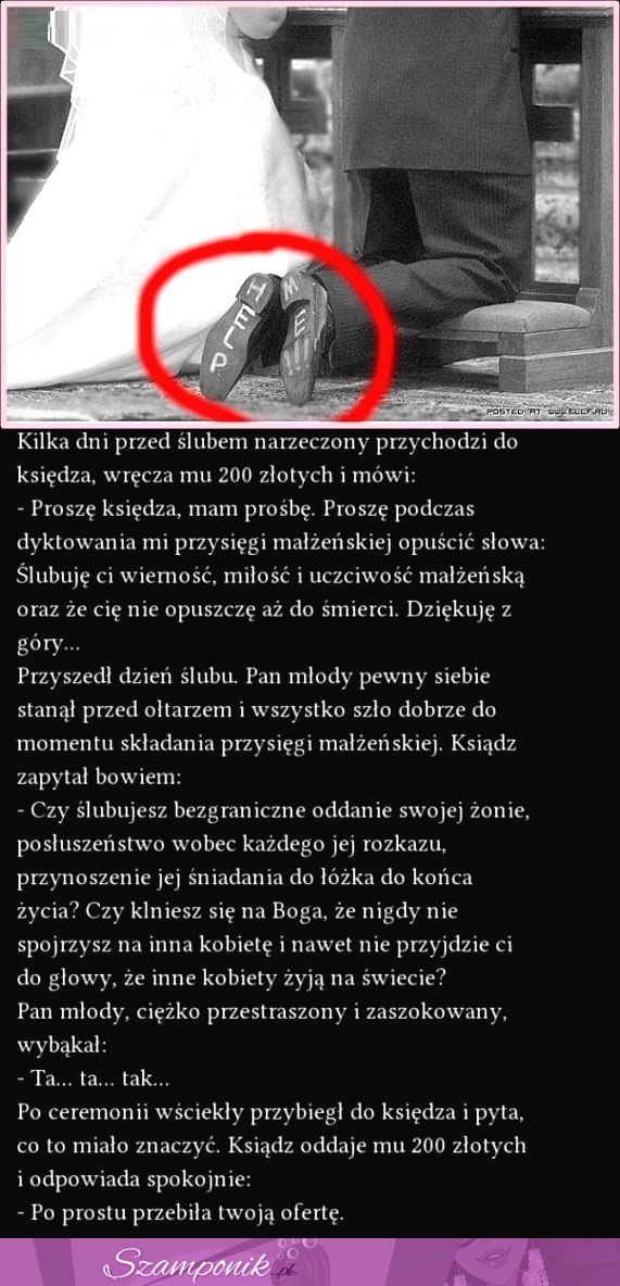 Kilka dni przed ślubem narzeczony przychodzi do księdza...