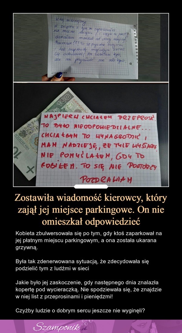 Zostawiła wiadomość kierowcy, który zajął jej miejsce parkingowe. On nie omieszkał odpowiedzieć!