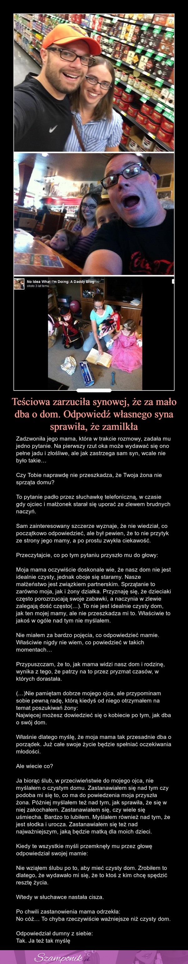 Teściowa zarzuciła synowej, że za mało dba o dom. Odpowiedź własnego syna sprawiła, że zamilkła