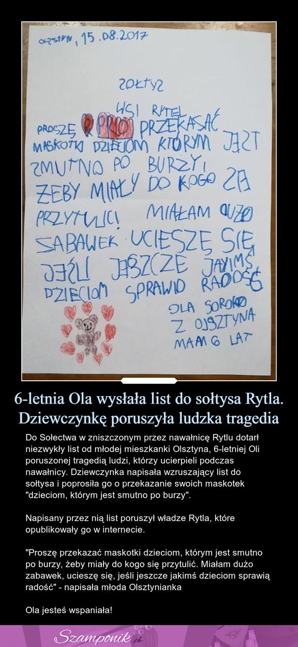 6-letnia Ola wysłała list do sołtysa Rytla. Dziewczynkę poruszyła ludzka tragedia...