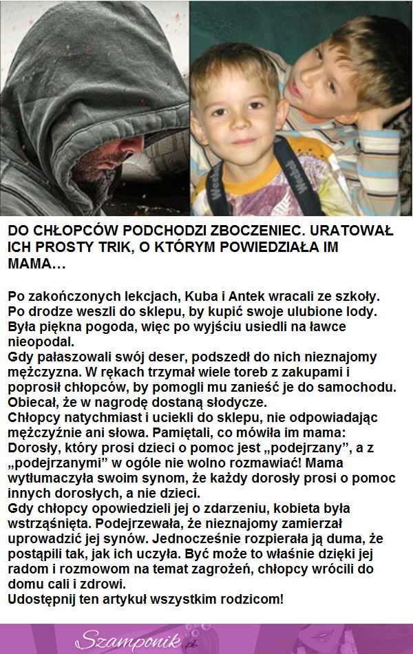 Do chłopaków podchodzi zboczeniec. Uratował ich PROSTY trik, o którym powiedziała im mama