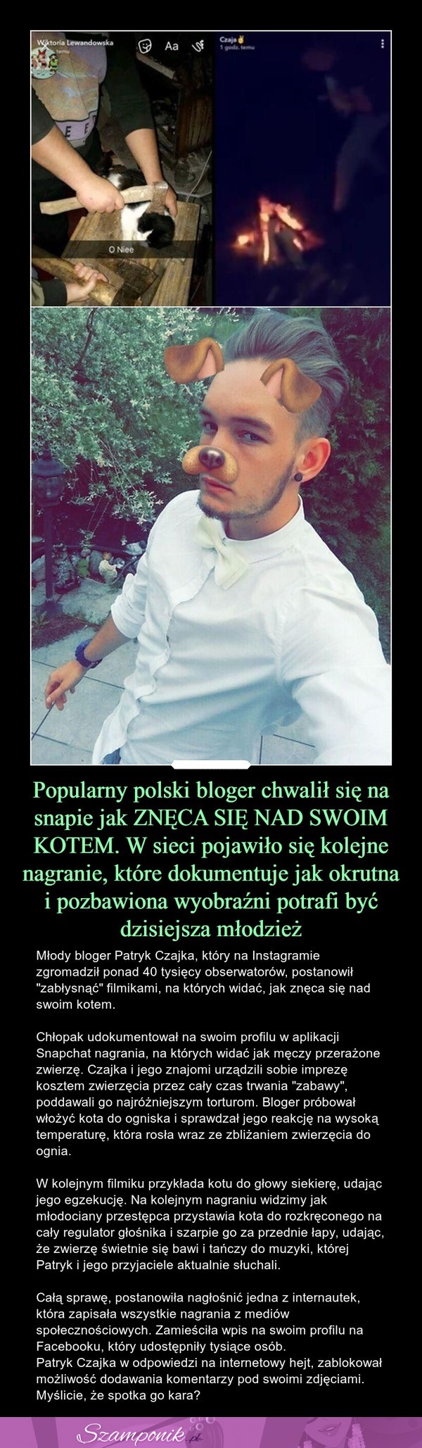 Popularny, polski bloger chwalił się na snapie jak znęca się nad swoim kotem