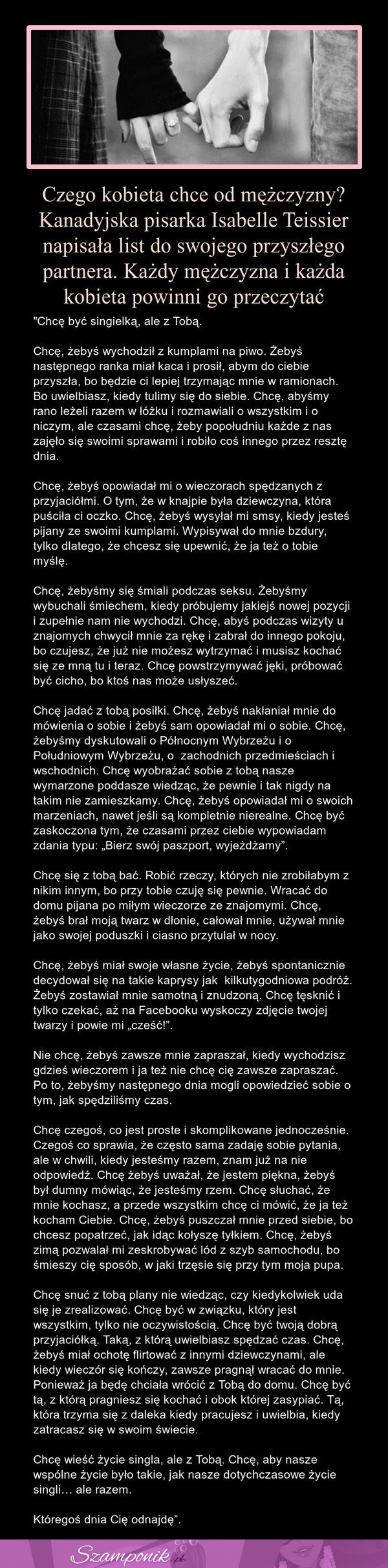 Czego kobieta chce od mężczyzny? Kanadyjska pisarka napisała list do swojego partnera...