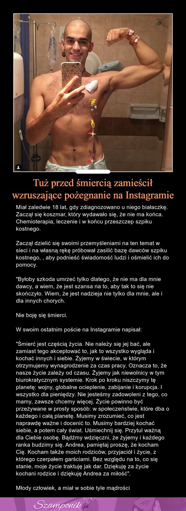 Tuż przed śmiercią zamieścił wzruszające pożegnanie na Instagramie