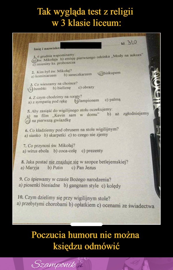 Poczucia humoru nie można księdzu odmówić... Tak wygląda test z religii ;p