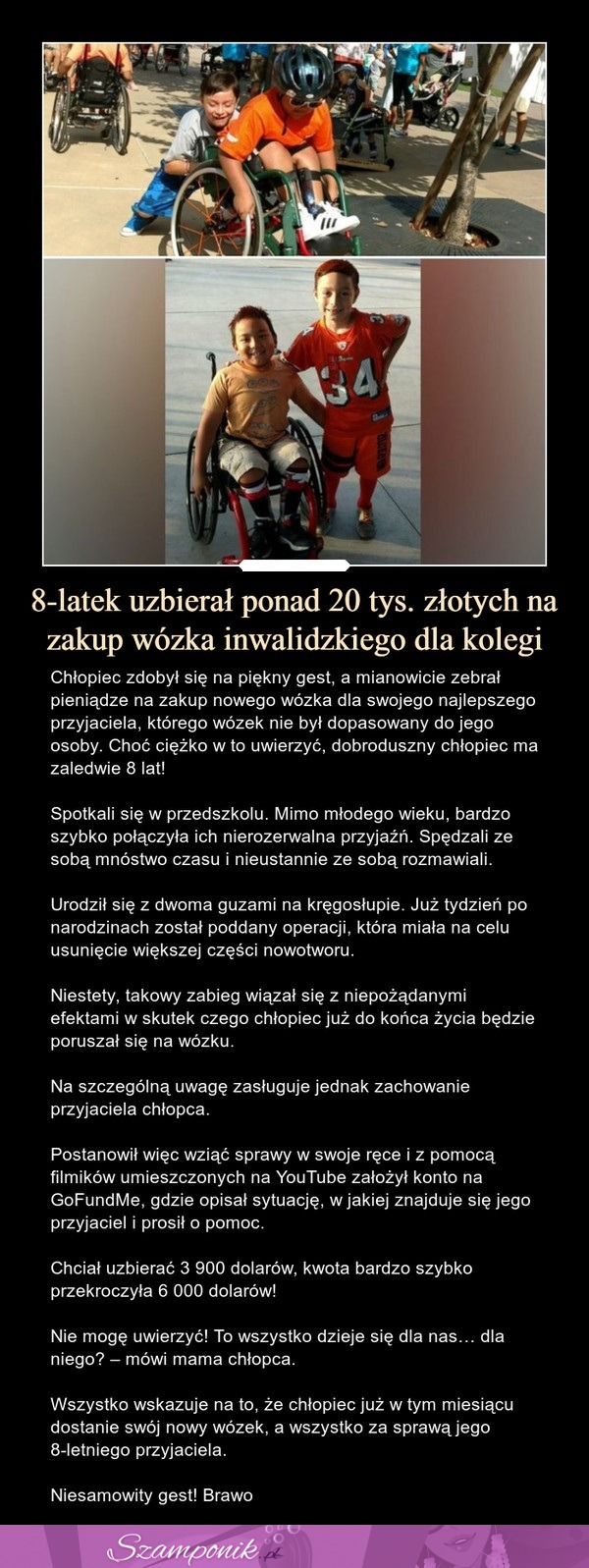 8-latek uzbierał ponad 20 tys. złotych na zakup wózka inwalidzkiego dla kolegi