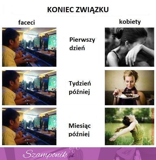 Kobieta i mężczyzna dzień, tydzień i miesiąc po skończonym związku. Zobacz jaka jest różnica!