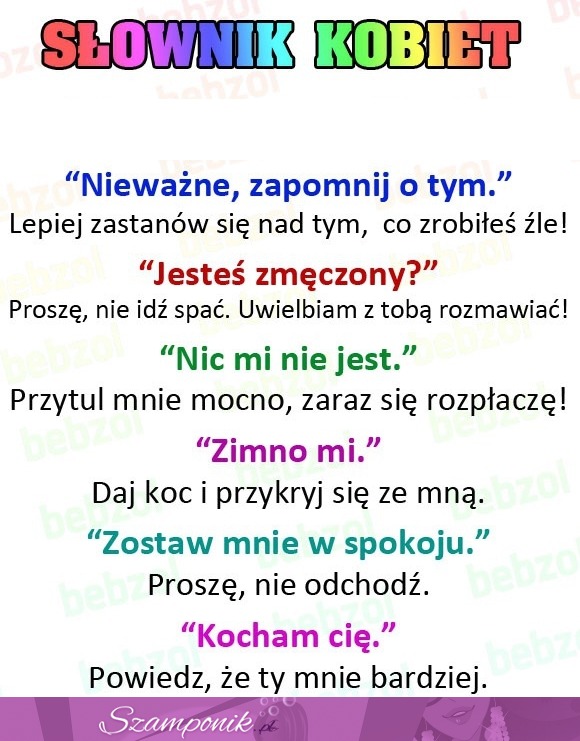 Słownik kobiet - pokaż to swojemu chłopakowi, niech wie co oznaczają nasze słowa, haha!