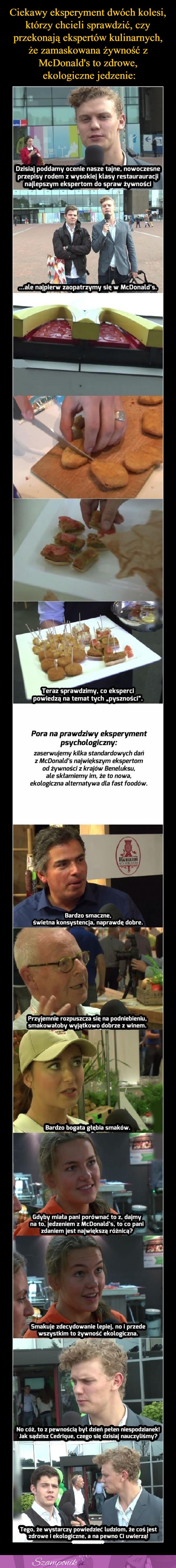 Ciekawy eksperyment! Chcieli sprawdzić, czy przekonają ekspertów kulinarnych, że żywność z McDonald's to zdrowe, ekologiczne jedzenie ;)