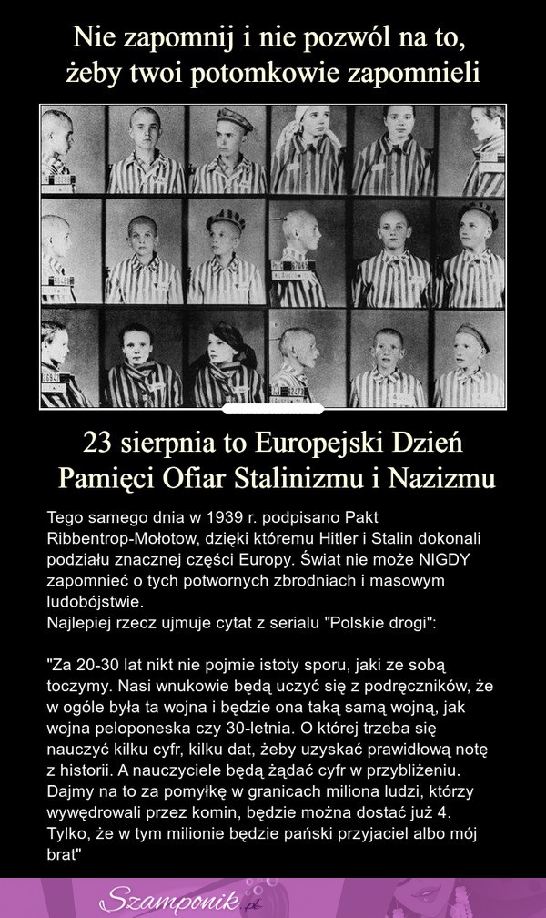 23 sierpnia to Europejski Dzień Pamięci Ofiar Stalinizmu i Nazizmu. Nie zapomnij i nie pozwól na to, żeby Twoi potomkowie zapomnieli!