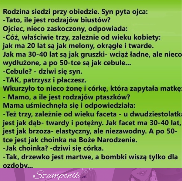 Syn pyta ojca ile jest rodzajów biustów - mega kawał, haha! :D