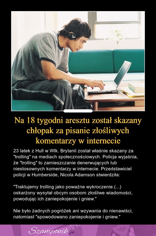 Na 18 tygodni aresztu został skazany chłopak za pisanie złośliwych komentarzy w internecie.