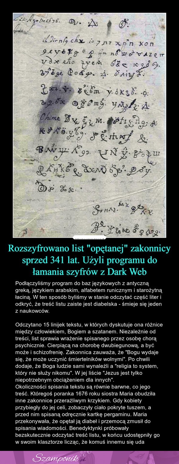 Rozszyfrowano list "opętanej" zakonnicy sprzed 341 lat. Użyli programu do łamania szyfrów z Dark Web